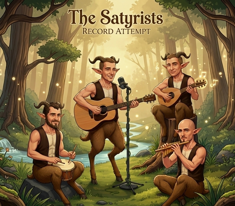 The Satyrists — illustrated portrait of the four-piece band playing in a sunlit forest